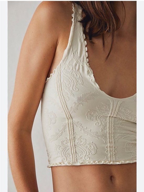 Free People Cream Texture Baroque Jacquard Pattern Lettuce-Edge Trim Tank Top